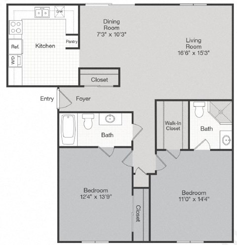 Floor plan for 2 beds, 2 baths, 1100 sqft